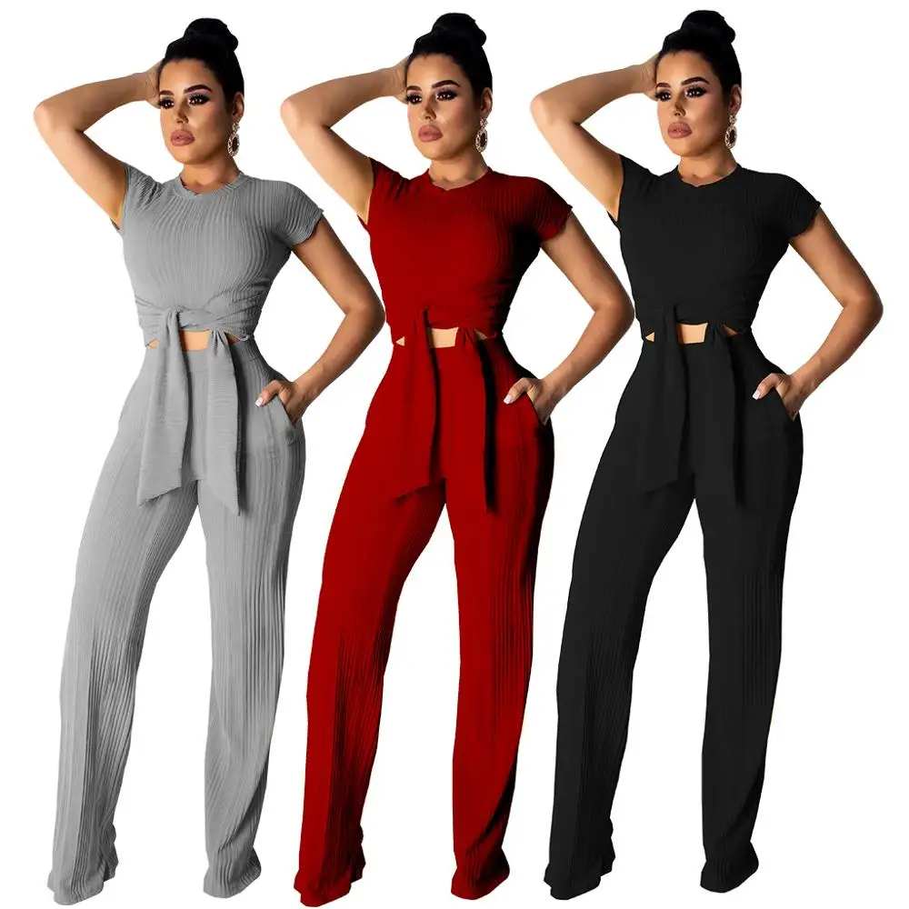 FM-3660 Ribbed relaxed wide adult leg pants jumpsuit women two pieces clothing with sashes