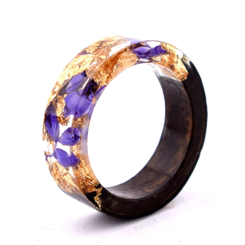 

New Novelty Antique Colorful Dry Flower Calendula Resin Wood Ring, Multi