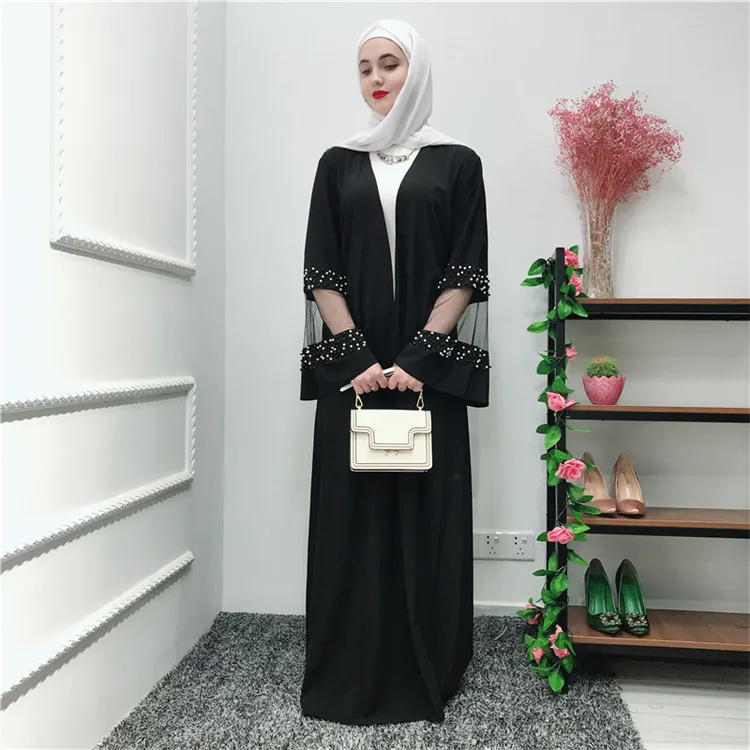 

2019 black mesh sleeves front open abaya muslim coat soft crepe with pearl