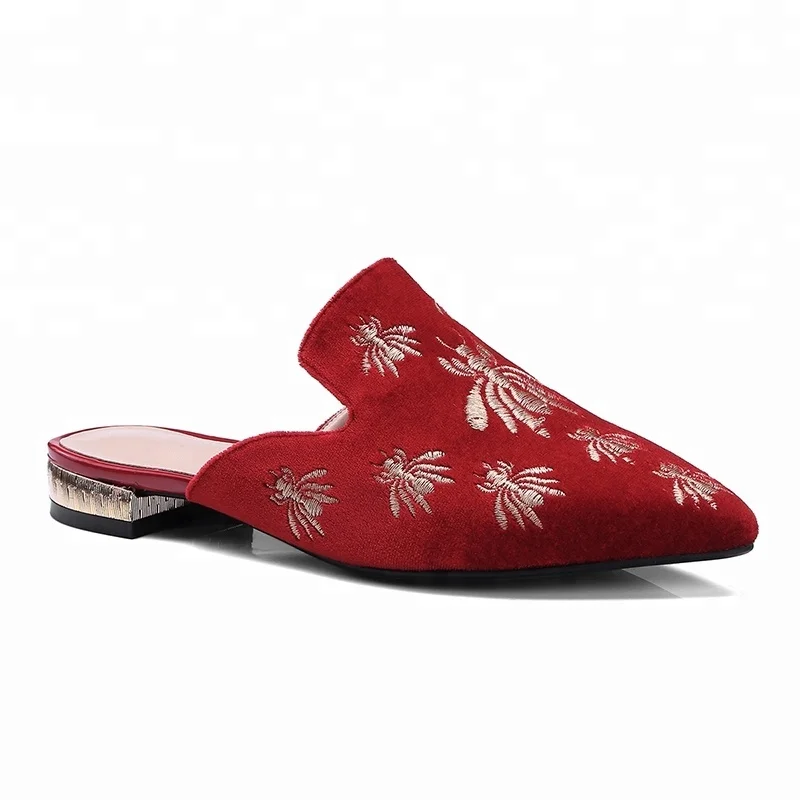 

New Arrival Stylish high quality embroidery Women mules shoes Flat, Red/black/pink