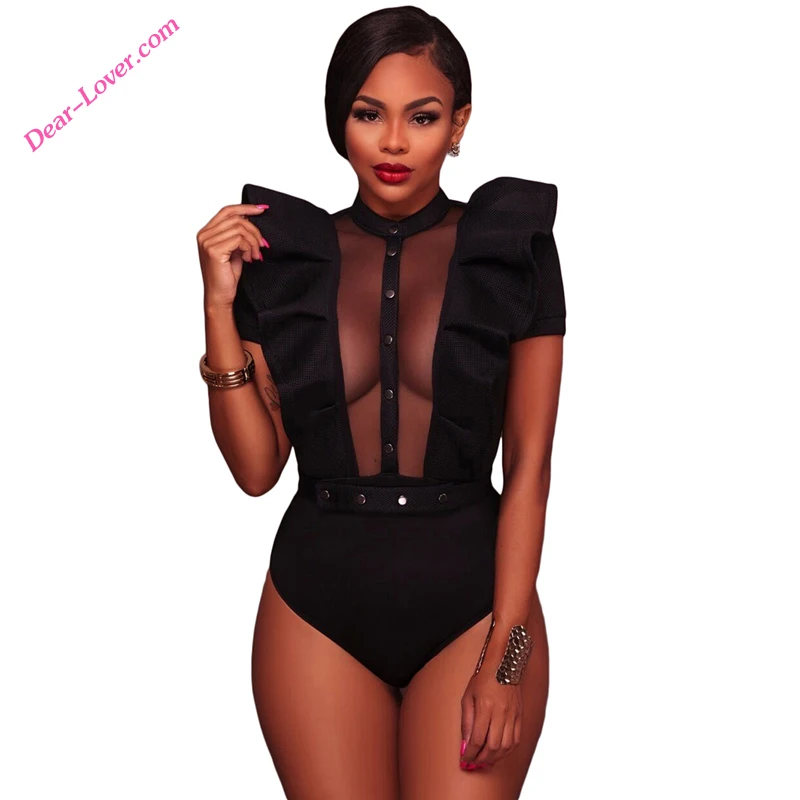 

Black Ruffle Buttoned Patchwork Sheer Sexy Bodysuits for Women, As shown
