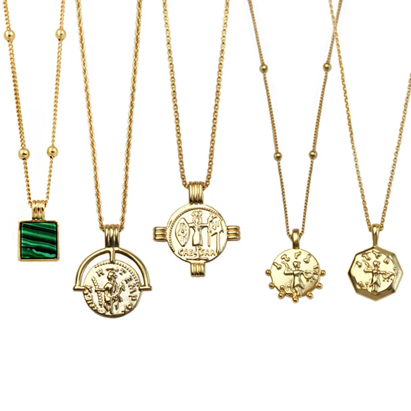 

Artilady Coin Necklace Gold Plated Vintage Coin Pendant Malachite Gold Necklace for Women Girls