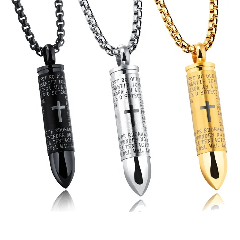 

Wholesale Custom Laser Engraved Logo 316L Stainless Steel Mens Womens Bible Cross Bullet Pendant Necklace, Silver;gold;black