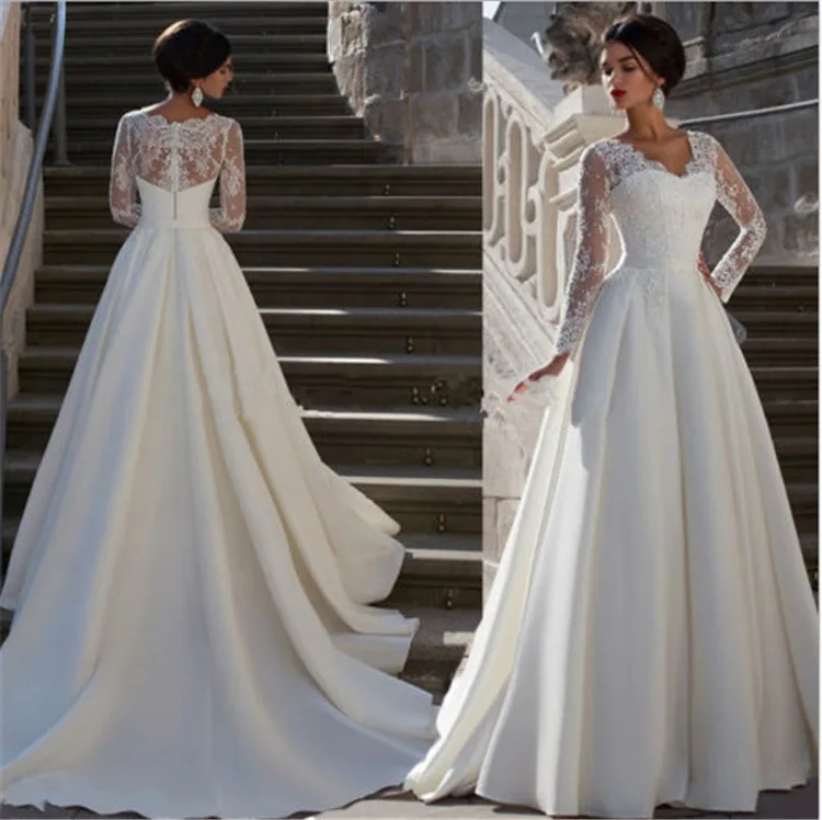 

ZH1509G Vestidos de novia Lace Long Sleeves Arabic Muslim A Line Satin Wedding Dresses, White/ivory