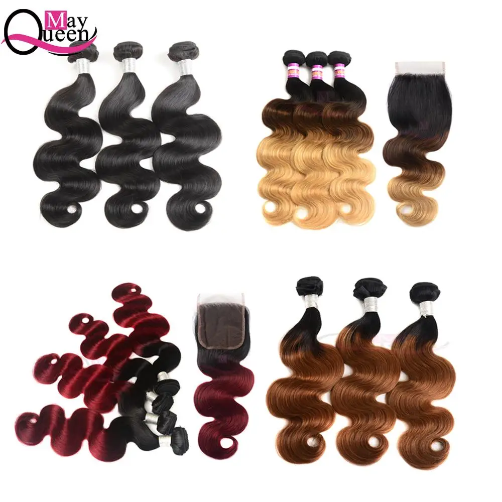 

Mayqueen wholesale brazilian virgin remy ombre body wave human hair bundles with closure unprocessed 100% human hair extensions