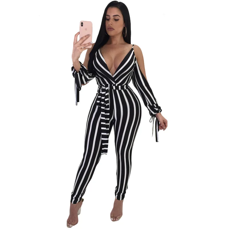 

Striped Cold Shoulder Sexy Jumpsuit 2018 Deep-V Backless Full Bodysuit Overalls Bodycon Bandage Rompers Womens Jumpsuit, Black and white