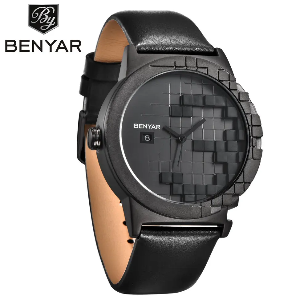 

BENYAR 5117M Men Quartz Watch 3D Juggle Dial Leather Watch For Teens Calendar Analog Online Shopping Unisex Watch, 4 colors for choice