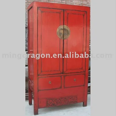 Chinese Red Antique Two Door Two Drawer Carved Wedding Cabinet