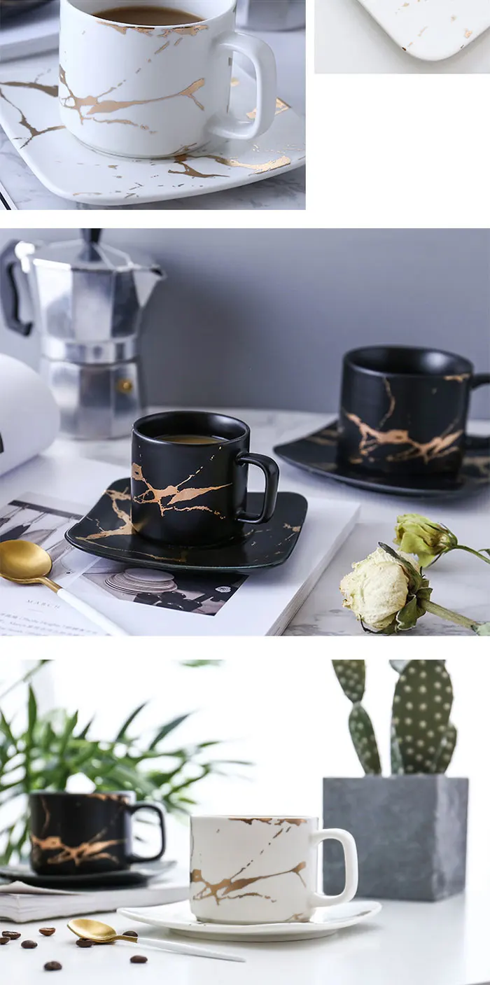 Marbling matte gold Japanese black and white cup and saucer set coffee cup 100ML 250ML