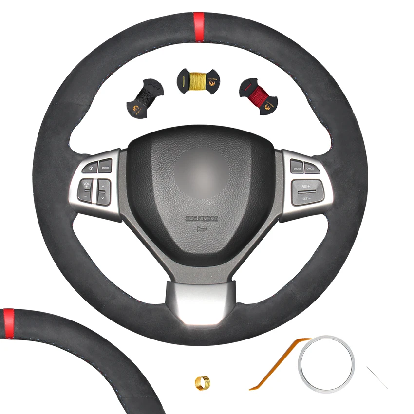 

Custom Hand Sewing Black Suede Steering Wheel Cover Wrap Red Strip for Suzuki Swift 2014 2015 2016