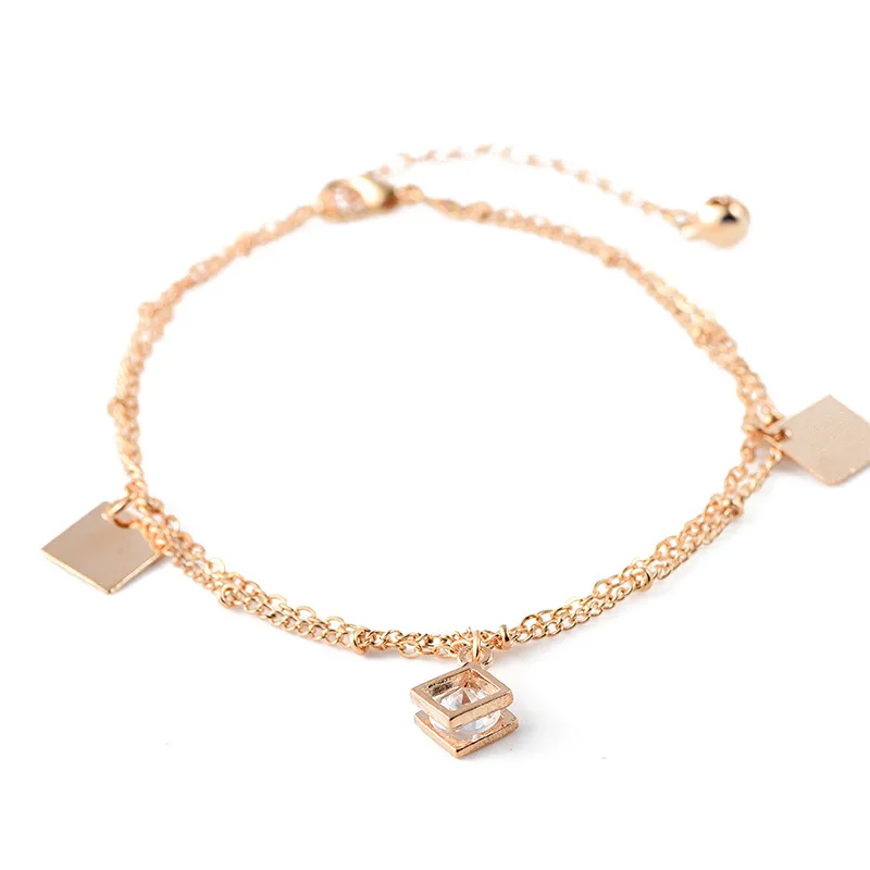 

Zircon metal square piece layered jewelry chain gold anklets, Golden