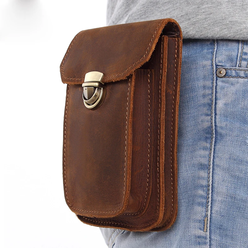 

2022 NEW Genuine Leather Vintage Waist Packs Men Travel Fanny Pack Belt Loops Hip Bum Bag Waist Bag Mobile Phone Pouch