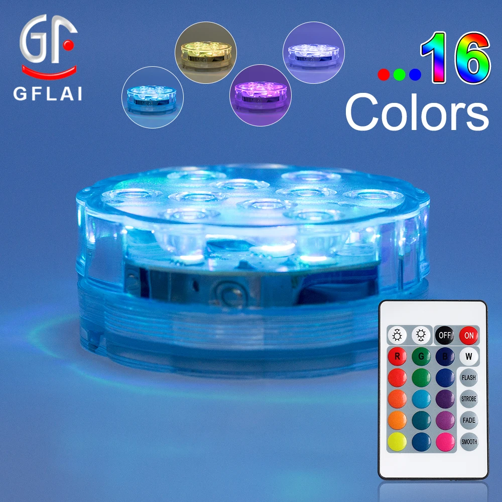 GFLAI Wholesale Led Puck Remote Controlled 3AA Battery Power 10-LEDS Color Changing Led Submersible Lights For Ponds  Vases