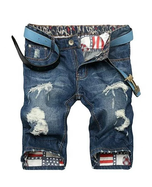 

Men's Moto Biker Jeans Shorts Ripped Distressed Denim Shorts with Broken Hole Five Pant