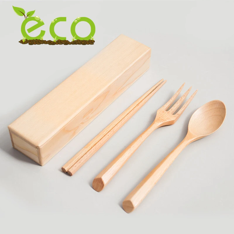 

Japanese Design Natural Wooden Material Cutlery Set For Camping, As the picture