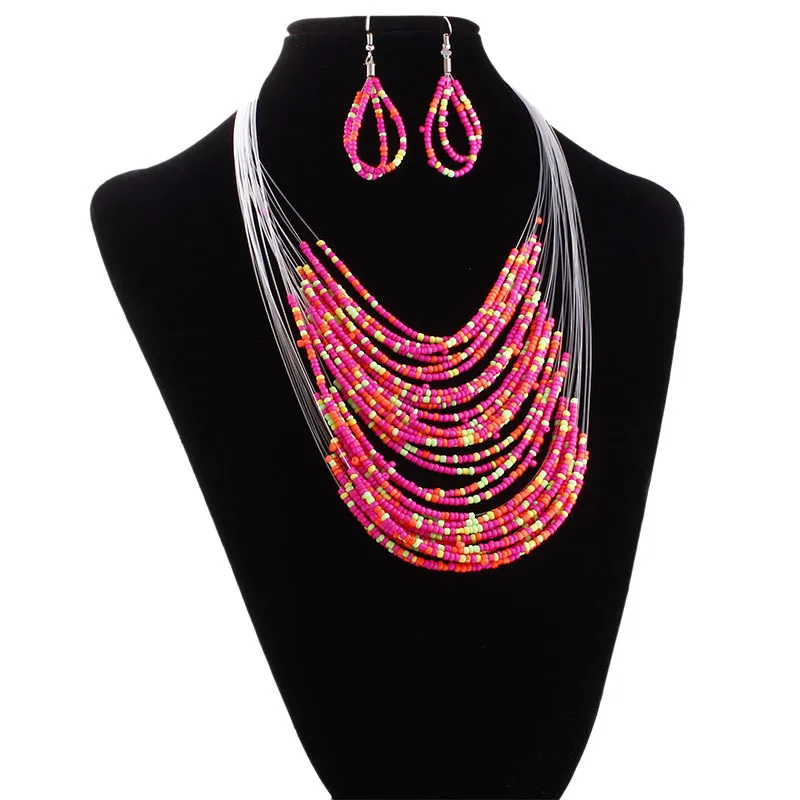 

Fashion African Statement Jewelry Sets Bohemian Multilayer Colorful Resin Beads Women Necklace Earrings Set (KJ045), Same as the picture