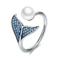

BAGREER SCR286 S925 silver rose gold adjustable Mermaid ring women pearl ring cz full diamond jewelry girls cute finger ring