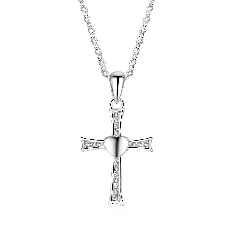 

925 sterling silver cross necklace heart design with cubic zirconia, Picture shows