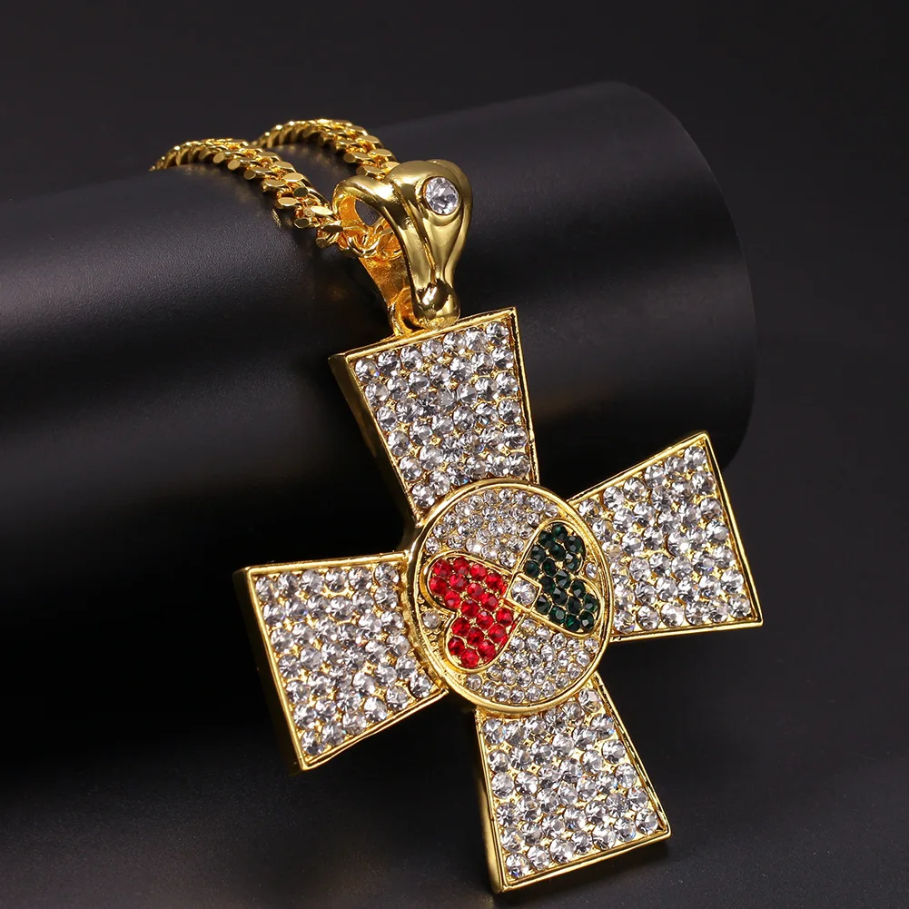 Gothic Red Black Heart Cross Pendant Mens Vintage Gold Chain Crystal