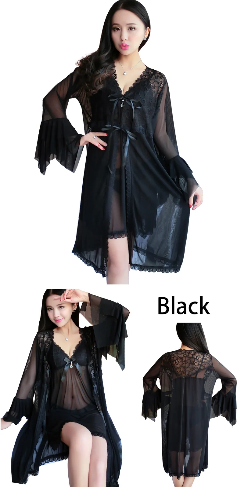 Women Sexy Revealing Lingerie Sheer Lace Robe With Thong Plus Size