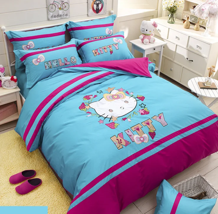 100 Cotton Hello Kitty Cat Duvet Set Teen Girls Embroidery