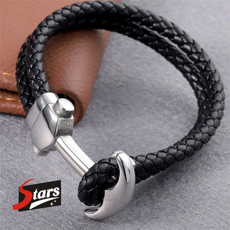 

Wholesale Men Titanium Stainless Steel Silver Plated Anchor Leather Bracelet For Women