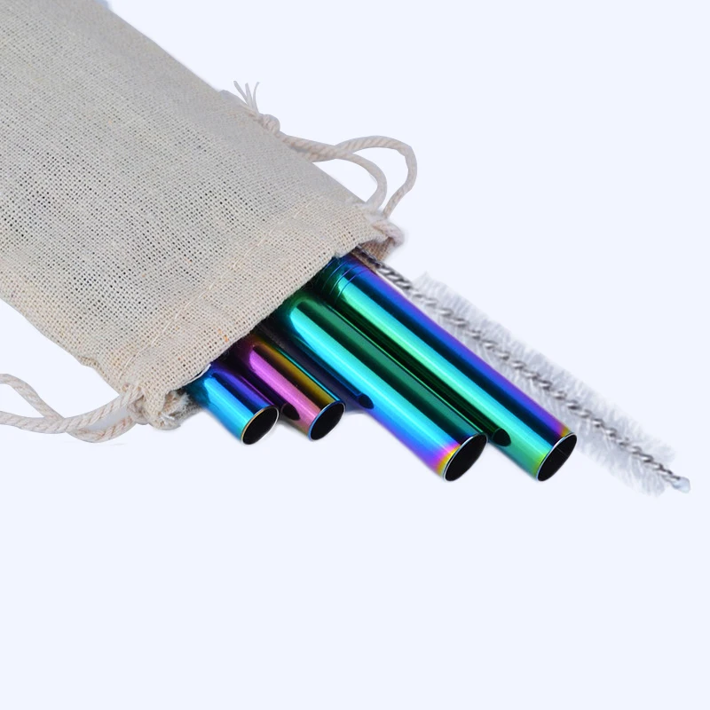 custom Long Stainless Steel metal drinking straw reusable Bent and Straight gold black Drinking Straws set With pouch