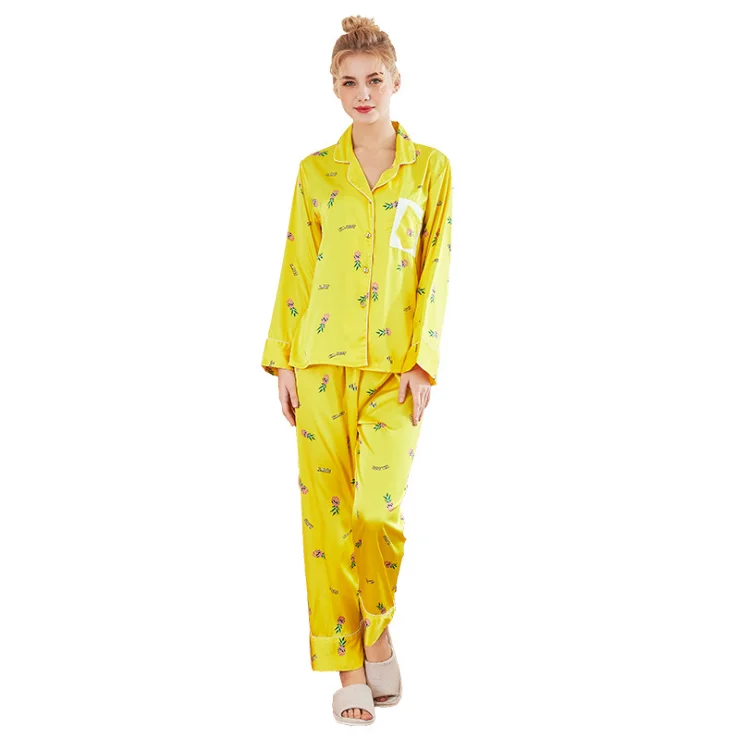 

Wholesale women fashion yellow color long tops and pants satin silk homewear sleepwear pajamas, Yellow;white