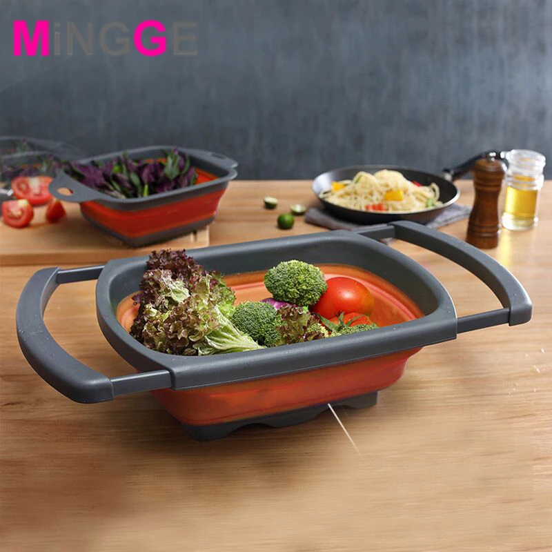 

production Silicone Colander Kitchen Collapsible Basket for Vegetable Fruit Food, Little green+grey