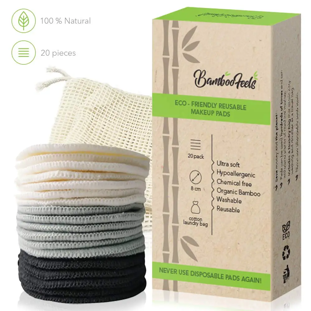 

Organic Bamboo Cotton Rounds Zero Waste Makeup Remover Wipes Reusable Cotton Pads for Face with Washable Travel Bag