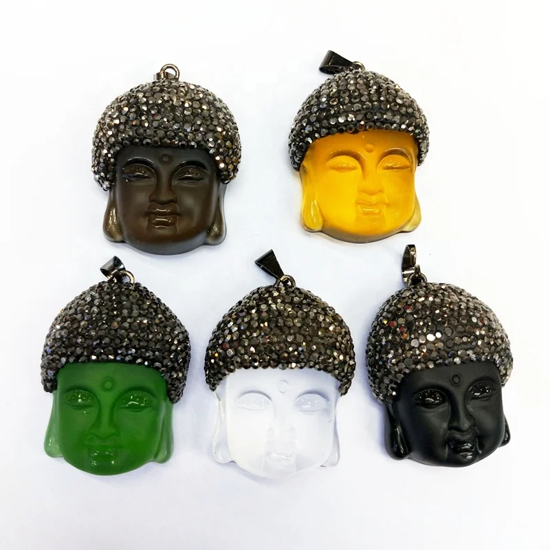 

Natural carved rhinestone paved buddhahead pendants buddhist jewelry boho gemstone buddhism luck pendant for necklace, Multi goddess pendant