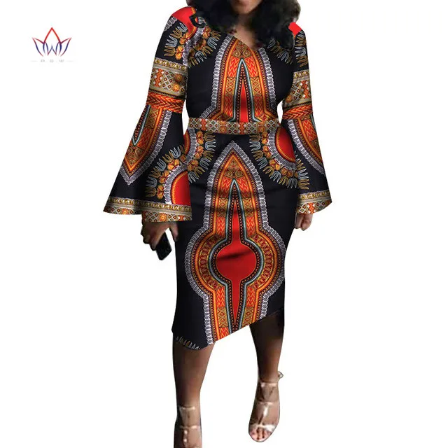 

Spring Fashion Flare Sleeve Dress Bazin Riche Traditional African Print Cotton Dresses Women V-neck Casual Short Dress WY3388