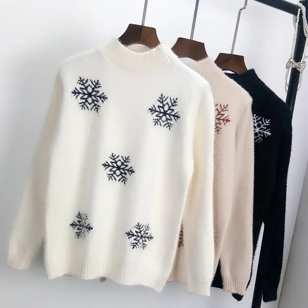 

2019 fashinablel round neck lady Christmas winter sweater women high quality mohair jumpers knitted snowflake pullovers, Black, white, beige