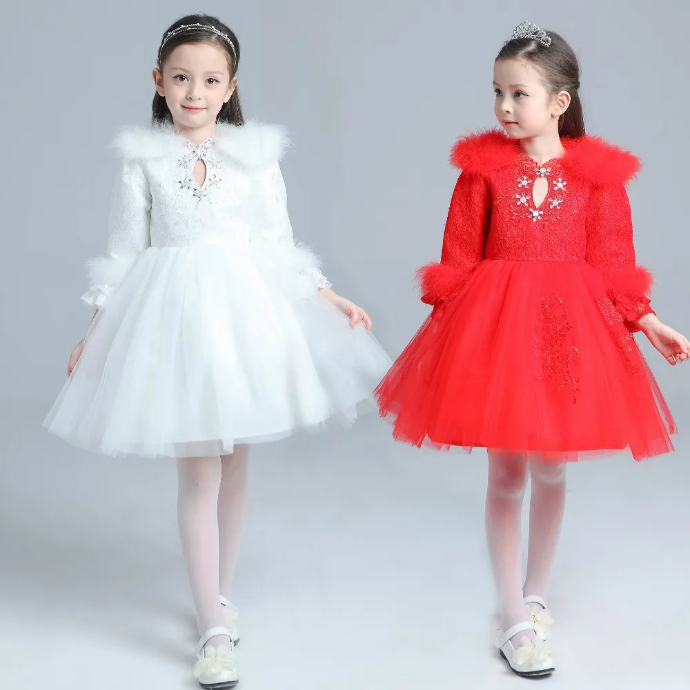 

Hot sell popular O neck long sleeve thicken winter puffy Acrylic lace kids princess flower girl birthday wedding party dress