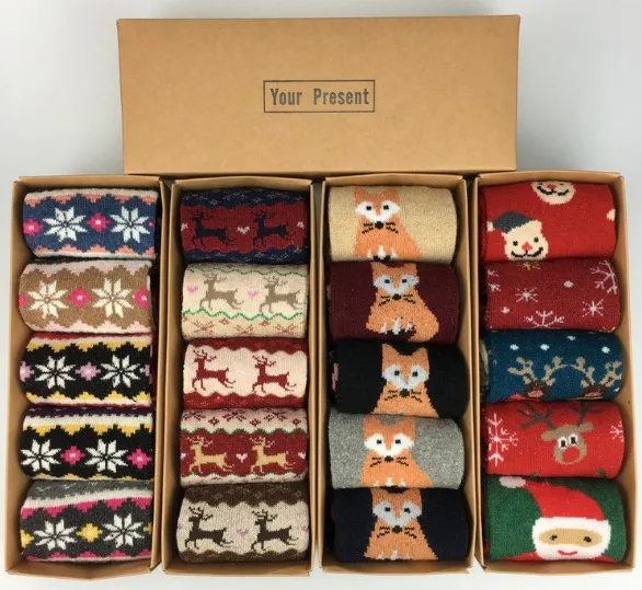 

Winter ladies extra thick warm rabbit wool christmas deer tree cat socks lovely medium stocking gift box, Picture shows