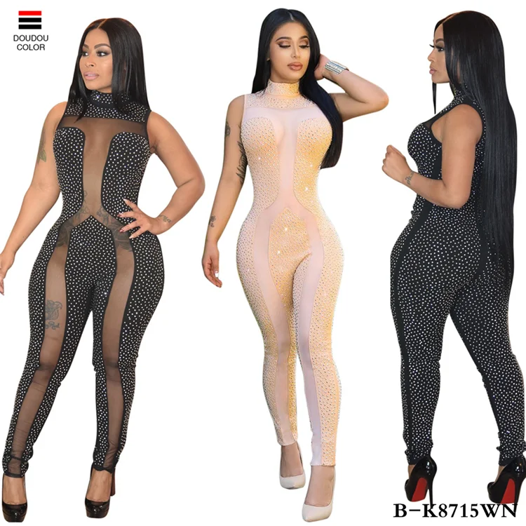 Sexy Plus Size See-Through Rhinestone Bodycon Jumpsuits Women Clothing 2019  B-K8715WN
