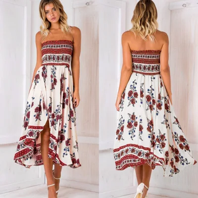 

Free Shipping New Summer Women Long Beach Dress Boho Floral Print Sexy Split, As show