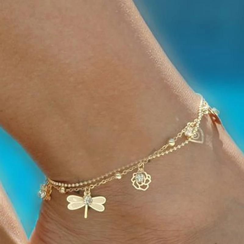 

Europe Summer New Arrival Simple Design Double Layers Anklet Gold Plated Leaf Dragonfly Butterfly Rose Shell Chain Anklet, As picture show