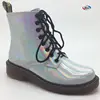 Popular Girls Winter Leather Holographic Silver Lace Up Ankle Boots Led Boots Light