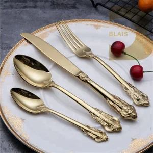Image of High quality wholesale set cutlery gold plated flatware restaurant wedding catering vintage stainless steel 304 gold silverware