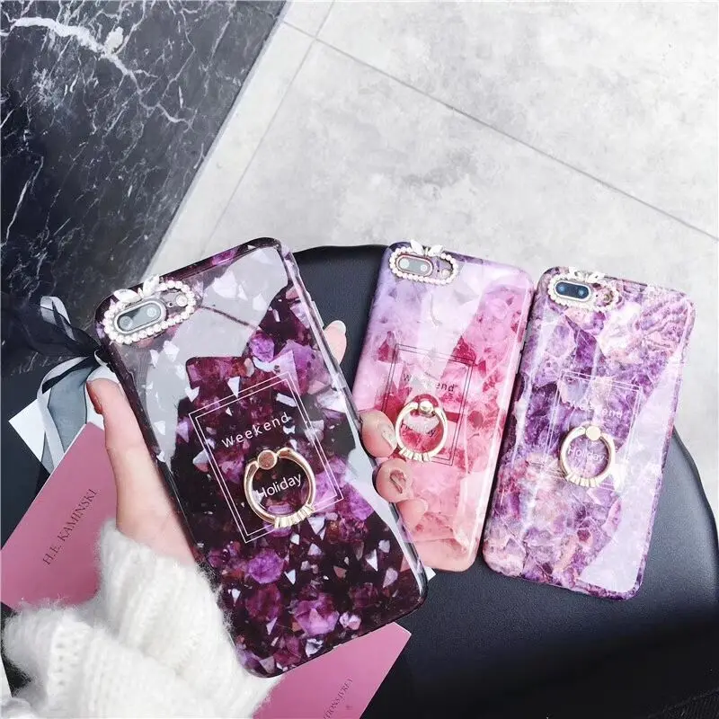 

Purple Pink Color Luxurious Marble with Diamond Ring Cell Phone Cases, Pink/light purple/dark purple