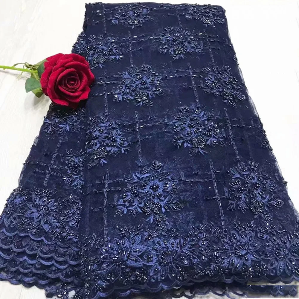 

Beautifical african navy blue dressing elegant wedding bead tulle heavy high quality beads lace ML5N561, Can be customized