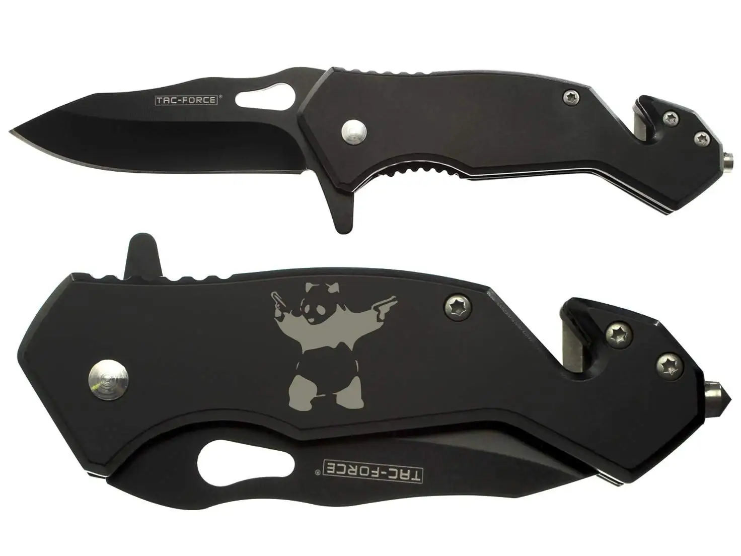 NDZ Performance Tac-Force 6.5" Tactical Rescue Folding Knife Glass Breaker Seat-Belt Cutter 903BK Compact Black Panda with Guns