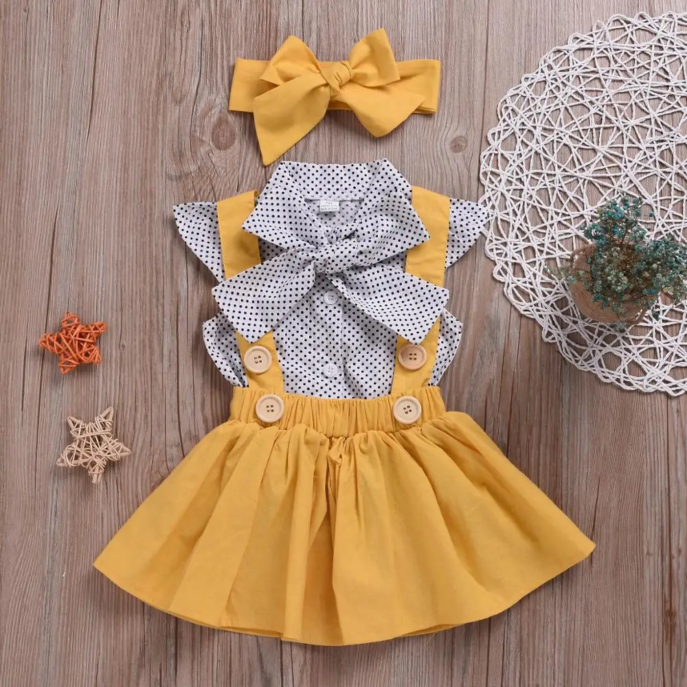 

WWW116 hot selling casual baby girl bow-knot strap dresses 3pcs with headband