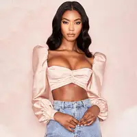 

women sexy pink crop top front buttons square neck puff sleeves vintage fashion soft satin blouse designs