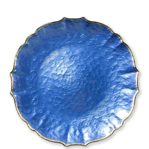 Image of Cheap Party Wedding Event Glitter Gold Rimmed Cobalt Blue Round Glass Underplates Charger Plate