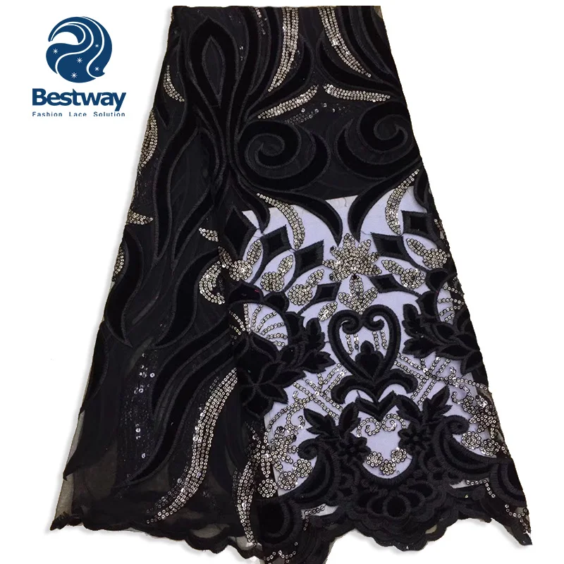 

Bestway Latest Black african lady party mesh sequin embroidered french fabric lace with velvet FL2743, Black;white;multi-color