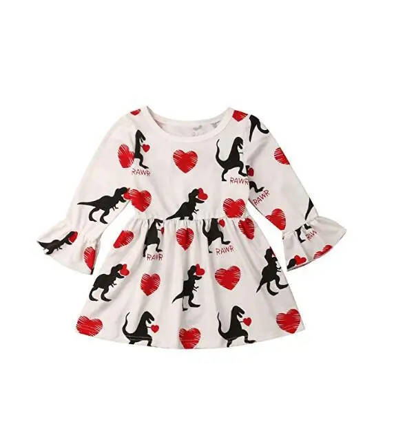 

2019 Brand New 1-6Y Toddler Kids Baby Girls Dinosaur Hearts Dress Flare Long Sleeve Spring Autumn Dress Ruffles Clothes Outfits, As picture