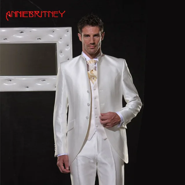 

Italian Retro White Satin Coat Pant Men Suit Stand Collar Slim Wedding Groom Tuxedo Formal Suit 3 Piece