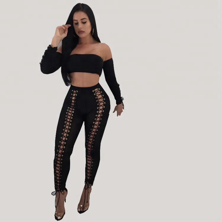 

Hot sale Party Drawstring Waist Cut Out Sexy Pants Ladies High Waist Lace up side Mesh pants
